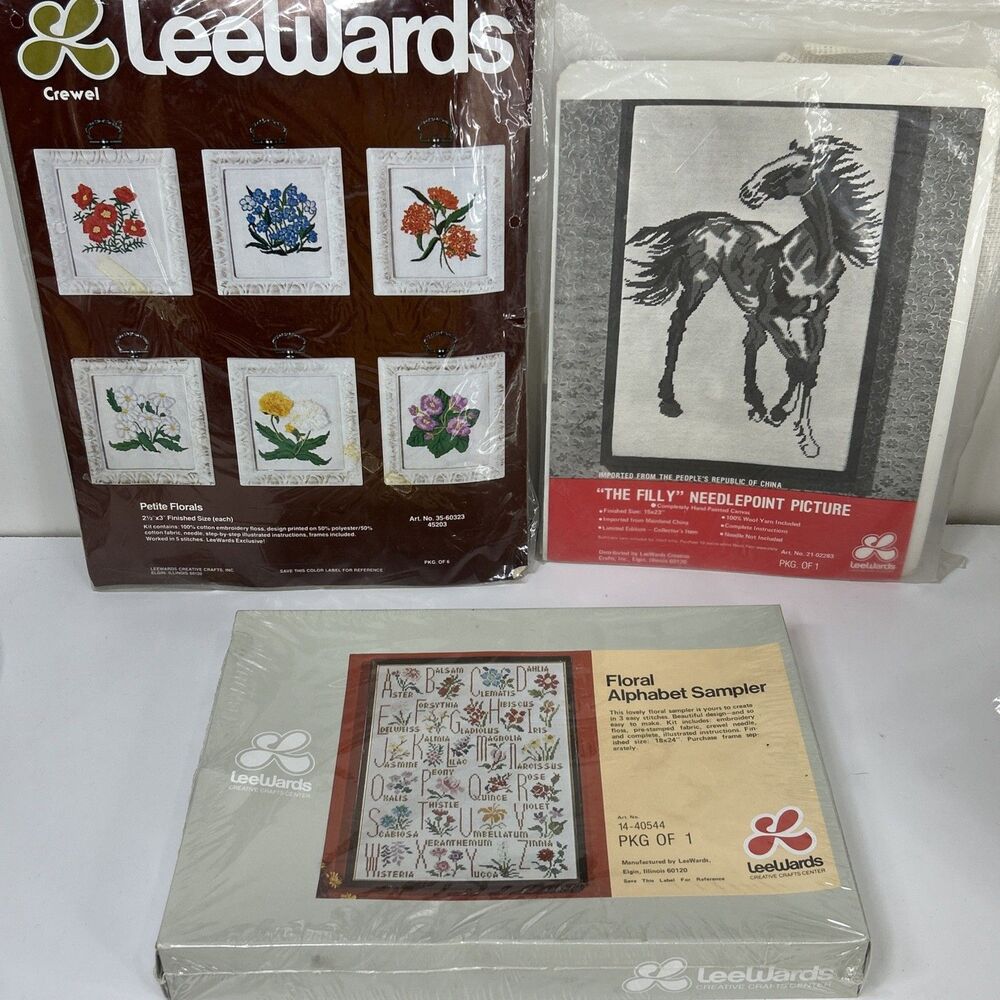 Vtg LeeWards Needlepoint Embroidery Petite Florals Frame Alphabet Stallion Horse